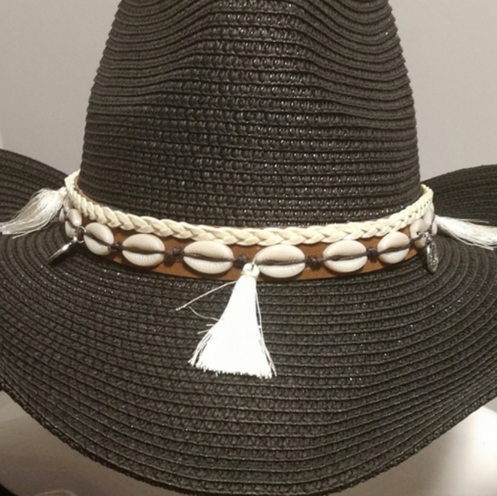 Unisex Straw Weave Western Beach Sun Hat Cowrie Cowry Shells Tassels Black Boho - Picture 7 of 14
